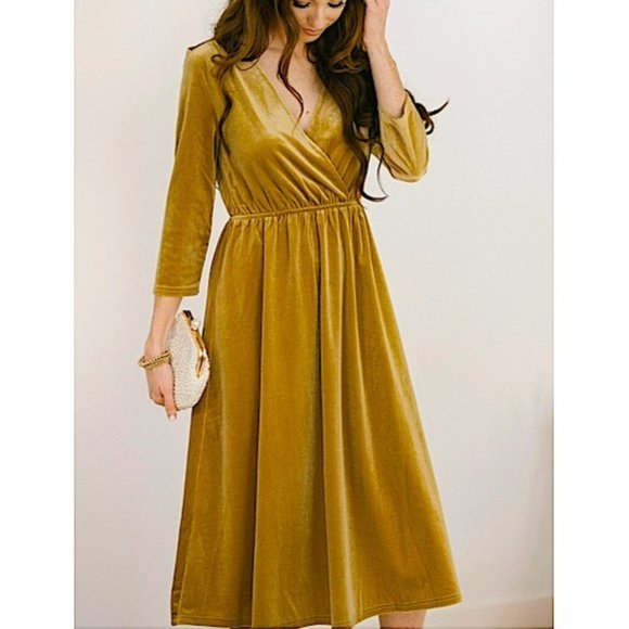 Penna&Pine Dresses & Skirts - Gold Velvet 3/4 Sleeve V Neck Semi Formal Midi Dress